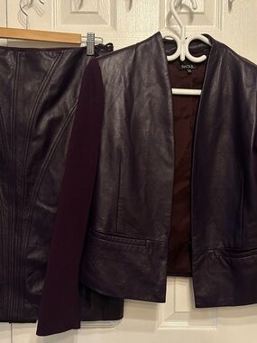 Vintage Raoul Plum Leather Blazer (size 10) and skirt (size8) with Knit Panels